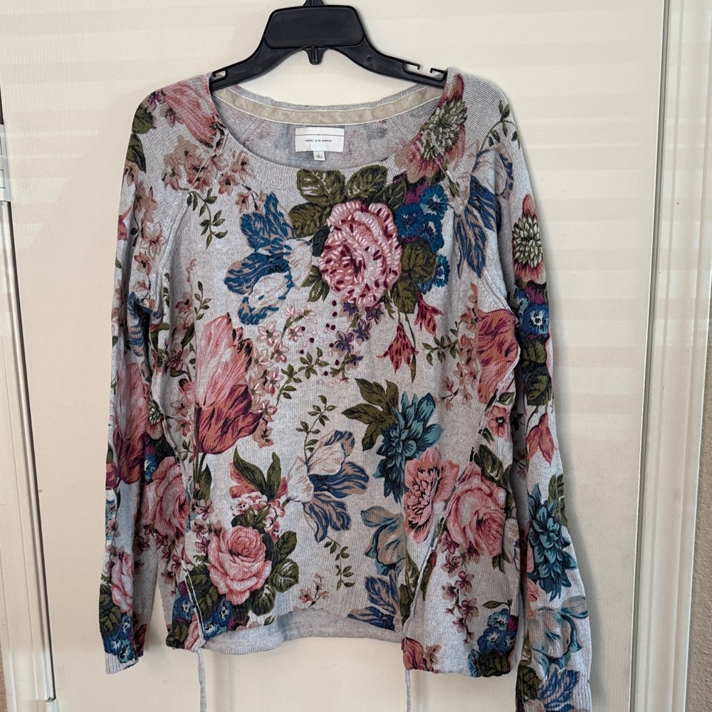 Angel Of The North Gray Floral Long-Sleeve Knit with Pink & Blue Blooms